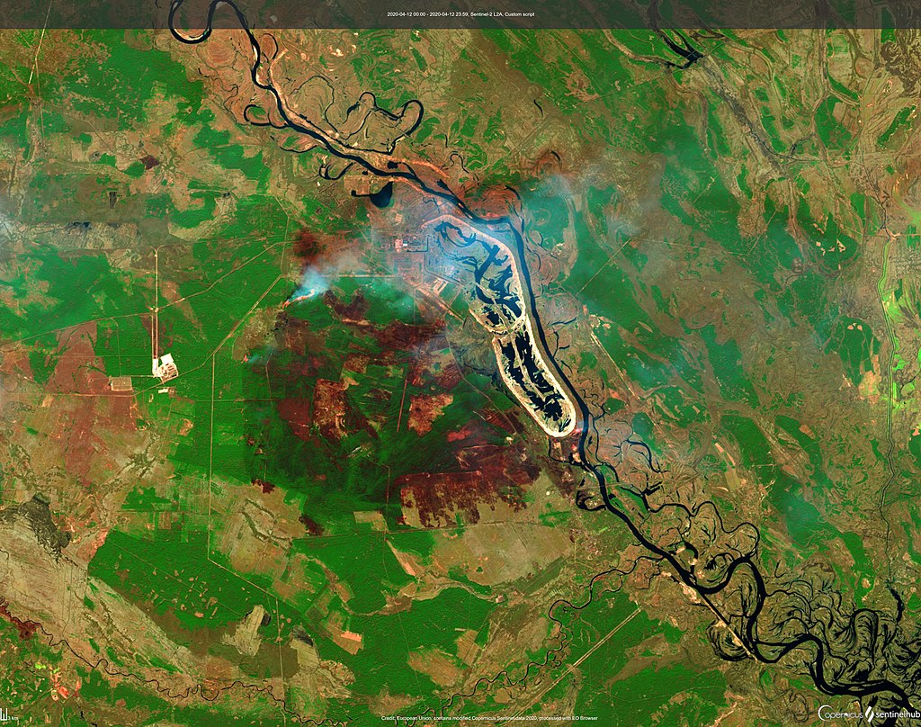 Космічний знімок пожежі поблизу ЧАЕС 12 квітня 2020